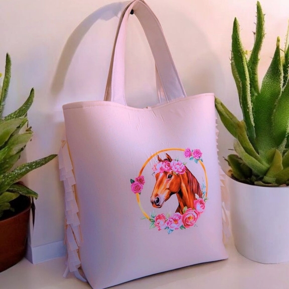 Elegant Horse Print Tote Bag - Soft Pink - Picture 3 of 3